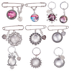Mixed Color DIY Brooch Making, Tibetan Style Alloy Pendant Cabochon Settings, Clear Glass Cabochons, Iron Brooch Findings and Iron Split Key Rings, Mixed Color