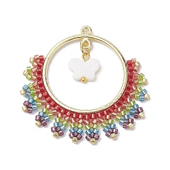 Разноцветный Подвески из бисера, с бусинами из пресноводных ракушек и нейлоновой проволокой, плоские круглые с бабочкой, красочный, 43x44x2.2 мм, отверстие : 1.5 мм