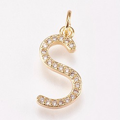 Letter S Brass Micro Pave Cubic Zirconia Letter Pendants, Letter.S, 8.5x17x2mm, Hole: 3mm