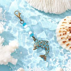 Dolphin Подвеска с подвесками и стеклянными бусинами на морскую тематику, с карабин-лобстерами , дельфин, 67.5 мм