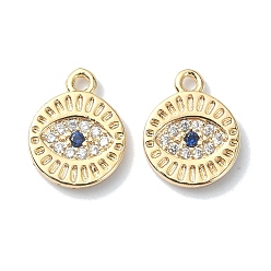 Настоящее золото 18K Латунные микро проложить кубического циркония подвески, плоские круглые обереги от сглаза, реальный 18 k позолоченный, 12x10x2 мм, отверстие : 1.2 мм