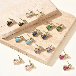 Настоящее золото 18K Серьги-гвоздики из латуни с микропаве из кубического циркония для женщин, слеза, стойки покрытие, долговечный, без свинца и без кадмия, реальный 18 k позолоченный, 14.5x6.5 мм