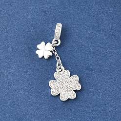 Серебро Латунные микропаве прозрачные подвески с фианитом, подвески в виде четырехлистного клевера, стойки покрытие, долговечный, без свинца и без кадмия, серебряные, 35 мм, отверстие : 3.7x2 мм