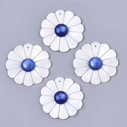 Blue Natural Freshwater Shell Pendants, Dyed, Flower, Blue, 30x5~6mm, Hole: 1.2mm
