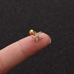 Цветок Серьги-гвоздики из латуни с микропаве из прозрачного кубического циркония для женщин, с пинами из нержавеющей стали , золотые, цветок, 6 мм, штифты : 1.2 мм