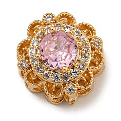 Бледно-Розовый Латунные микро проложить кубического циркония бусы, без никеля , со стеклом, реальный 18 k позолоченный, круглые, розовый жемчуг, 11x6.5 мм, отверстие : 1.8 мм