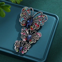 Капри Синий Брошь-бабочка из сплава со стразами и тройной бабочкой, античное серебро, Капри синий, 56x34 мм