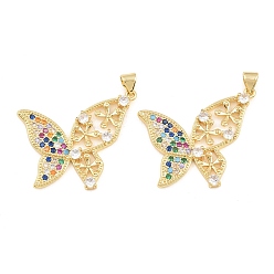 Colorful Brass Micro Pave Cubic Zirconia Pendants, Butterfly Charms, Long-Lasting Plated, Lead Free & Cadmium Free, Rack Plating, Real 18K Gold Plated, Colorful, 28x32.5x3.5mm, Hole: 3x4mm