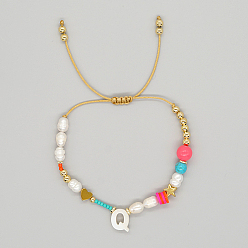 Letter Q Initial Letter Natural Pearl Braided Bead Bracelet, Adjustable Bracelet, Letter Q, 11 inch(28cm)