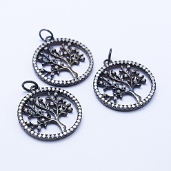 Черный Цвет Металла Латунные микро проложить кубического циркония подвески, плоские круглые с дерева жизни, без свинца, без никеля и без кадмия, металлический черный , 22x19.5x2 мм, отверстие : 3 мм