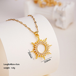 Золотой 304 Подвеска-солнце из нержавеющей стали с микропаве из прозрачного кубического циркония для женщин, золотые, золотые, 15.75 дюйм (40 см), Кулон : 23.8 мм