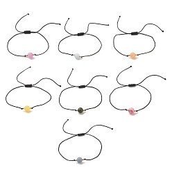 Mixed Stone 7Pcs 7 Style Round Natural Mixed Gemstone Braided Bead Bracelets Set for Women, Inner Diameter: 2-1/4~3-5/8 inch(5.6~9.3cm), 1Pc/style