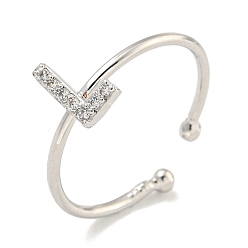 Letter L Латунные открытые манжеты для женщин, с кубического циркония, без кадмия и без свинца, долговечный, буквы, Письмо L, внутренний диаметр: 17.5 мм, Письмо: 8x4.8 мм