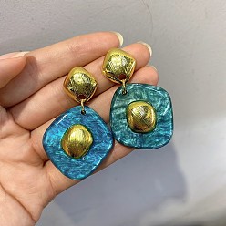 Dark Cyan Alloy Resin Stud Dangle Earrings, Rhombus, Golden, Dark Cyan, 45mm