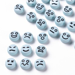 Небесно-голубой Непрозрачные голубые акриловые бусины, плоский круглый с черным случайным выражением, 7x4 мм, отверстие : 1.6 мм, Около 3650 шт / 500 г
