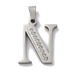 Letter N 201 подвески из нержавеющей стали, со стразами, буквы, Письмо N, 25x20x2 мм, отверстие : 6x3 мм