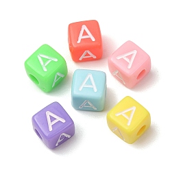 Couleur Mélangete Perles européennes opaques acrylique, Perles avec un grand trou   , cube avec une lettre, couleur mixte, 10x9x9~9.5mm, Trou: 4mm, environ580 pcs / 500 g