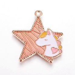 Licht Lachs Zink Legierung Anhänger & Charms, mit Emaille, Stern mit Einhorn, Licht Gold, Licht Lachs, 29x28x2 mm, Bohrung: 1.6 mm