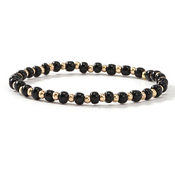 Черный Эластичный браслет из пластика и латуни с бусинами для женщин, рондель, золотые, чёрные, 6.89 дюйм (17.5 см)