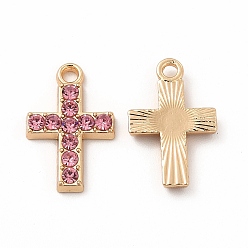 Розовый Подвески со стразами из экологически чистого сплава, религия крест очарование, золотые, светло-розовый, 16x10x2 мм, отверстие : 1.6 мм