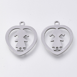 Edelstahl Farbe Anlaufgeschützt 201 Anhänger aus Edelstahl, Laser geschnittene Anhänger, Herz mit Mädchen, Edelstahl Farbe, 18x15x1 mm, Bohrung: 1.4 mm