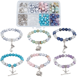 (52) Непрозрачная лаванда Наборы для изготовления браслетов своими руками, включая подвески из сплава и трубчатые дужки, драгоценный камень и стеклянные бусины, 304 кольца прыжок из нержавеющей стали, латунные бусины-разделители и эластичная хрустальная нить, разноцветные, 0.8 мм