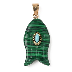 Малахит Резные подвески из синтетического малахита и синтетической бирюзы, амулеты в виде рыбок с латунными дужками, золотые, 35x17.5x7.5~8 мм, отверстие : 4.3x6.5 мм