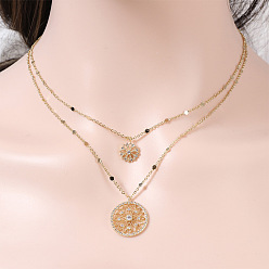 Золотой Двухслойные ожерелья в стиле бохо с латунным паве из прозрачного кубического циркония с полым цветком для женщин, золотые, 17.72 дюйм (45 см)