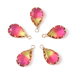 Камелия 5 прозрачные стеклянные брелоки, слеза, с фурнитурой позолоченной латунной, два тона, граненые, камелия, 18x10x5 мм, отверстие : 2 мм