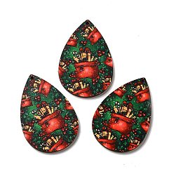 Темно-Зеленый Большие подвески из дерева с односторонним принтом, рождественские подвески в виде слезинок, темно-зеленый, 54x36.5x2.4 мм, отверстие : 2 мм