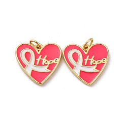 Темно-Розовый Латунь эмаль подвески, сердце с лентой осведомленности и подвеской со словом «надежда», стойки покрытие, без свинца и без кадмия, долговечный, реальный 18 k позолоченный, темно-розовыми, 17.5x18x2 мм, отверстие : 3.5 мм