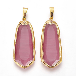 Бледно-фиолетовый Красный Латунные подвески, с кошачий глаз, горный хрусталь, слеза, золотые, бледно-фиолетовый красный, 39~40x15~16x4.5~5 мм, отверстие : 5 мм