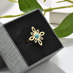 Настоящее золото 18K Синтетический бирюзовые перстни, узел ведьмы 304 открытые манжеты из нержавеющей стали, реальный 18 k позолоченный, узел ведьмы: 20x20мм, регулируемый