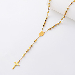 Golden Vintage 304 Stainless Steel Round Rosary Bead Necklaces, Religion Cross Virgin Pendant Necklaces for Women, Golden, 18.90 inch(48cm)