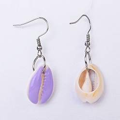 Lilac Dangle Earring, with Stainless Steel Findings, Cowrie Shell and Enamel Beads, Lilac, 41.5~45.5mm, Pin: 0.6mm
