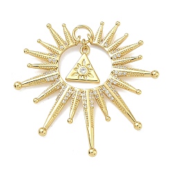 Настоящее золото 18K Латунные микропаве прозрачные подвески с фианитом, без кадмия и без свинца, стойки покрытие, долговечный, Солнце с треугольными подвесками, реальный 18 k позолоченный, 38.5x39.5x3 мм, отверстие : 4.5 мм
