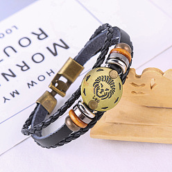 Лео Браслеты из искусственной кожи с тройным слоем из нескольких нитей, плоские круглые браслеты из сплава в виде созвездия для мужчин и женщин, Лев, 7-1/8 дюйм (18 см)