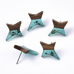 Темно-бирюзовый Серьги-гвоздики из прозрачной смолы и ореха, со 304 булавкой из нержавеющей стали и золотой фольгой, звезда, темные бирюзовый, 21x17~18 мм, штифты : 0.7 мм