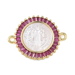 Темно-Розовый Натуральная раковина, резная, религиозная медаль Святого Бенедикта, соединительные подвески, звенья из латуни с инкрустацией кубическим цирконием, реальный 18 k позолоченный, стойки покрытие, долговечный, без кадмия и без свинца, темно-розовыми, 18.5x23.5x3.5 мм, отверстие : 1.6 мм