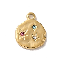 Real 14K Gold Plated 304 Stainless Steel Pendants, with Colorful Rhinestone, Flat Round with Star Charm, Real 14K Gold Plated, 18.5x15x2mm, Hole: 2mm