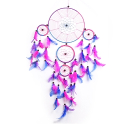 Фуксин Тканая сетка/паутина с пятью кольцами в виде паука с перьями и украшением из железных подвесок, подвеска на стену своими руками, подвеска из перьев автомобиля, фуксиново-красные, 700~750 мм