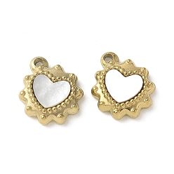 Настоящее золото 18K 304 Подвески из нержавеющей стали с покрытием из натуральной раковины пауа/белой раковины методом ионного напыления (IP), сердце прелести, реальный 18 k позолоченный, 11x10x3 мм, отверстие : 1.4 мм