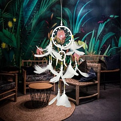 Белый Тканая паутина/сетка с подвесными украшениями из перьев, плоский круглый для интерьера комнаты украшение дома, белые, 400~500x110 мм