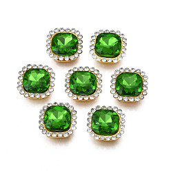 Peridot Nähen auf Rhinestone, transparenter Glasrhinestone, mit eisernen Krappenfassungen, facettiert, Viereck, Peridot, 14x14x6.5 mm, Bohrung: 1.5 mm