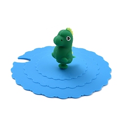 Deep Sky Blue Dinosaur Food Grade Silicone Cup Cover Lid, with A Notch, Dust-Proof Lid for Cup, Deep Sky Blue, 105x44mm