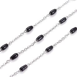 Black 304 Stainless Steel Cable Chains, with Enamel Oval Beads, Soldered, with Spool, Flat Oval, Stainless Steel Color, Black, 5x2.5mm, Link: 2x1.6x0.3mm, about 32.8 Feet(10m)/roll
