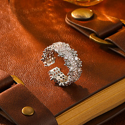 Серебро Манжеты из латуни с микро паве кубический цирконий для женщин, цветок, серебряные, внутренний диаметр: 15~20 мм