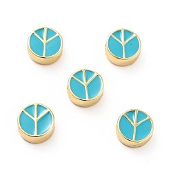 Темно-бирюзовый Плоские круглые со знаком мира латунные эмалевые бусины, реальный 18 k позолоченный, без кадмия, без никеля и без свинца, темные бирюзовый, 10x4.5 мм, отверстие : 1.8 мм