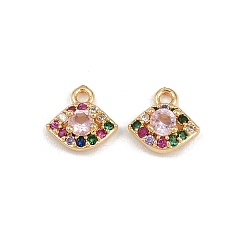 Pink Латунные микро проложить кубического циркония подвески, Очарование глаз, реальный 18 k позолоченный, розовые, 7.5x8x3 мм, отверстие : 1.1 мм