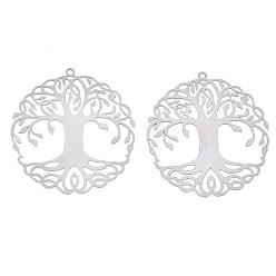 Stainless Steel Color Tarnish Resistant 201 Stainless Steel Filigree Pendants, Etched Metal Embellishments, Tree of Life, Stainless Steel Color, 43x40x0.3mm, Hole: 1.6mm